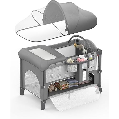 Baby Bassinet, Pack and Play, 4-height Adjustable Bedside Crib Sleeper, Diaper Changing Table with Diaper Pads, Zipper Door, Mosquito Net, Bottom Storage, and Toy Shelf for Newborn to Toddler, Grey