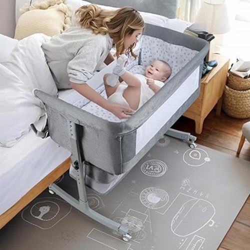 Baby Bassinet Bedside Sleeper, 3-in-1 Bedside Crib with 6-Height Adjustable Design, Rocking Mode, Wheels, Storage Basket, Breathable Mesh and Mattress for Newborns, Grey