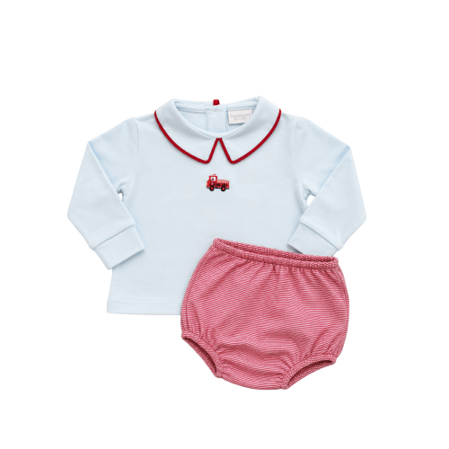 Light Blue w/ Red Piping Firetruck LS Diaper Set