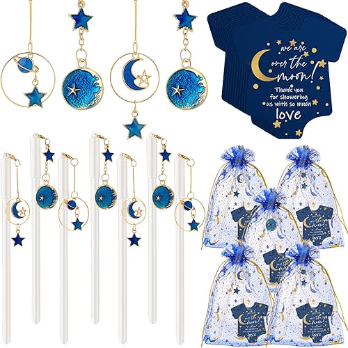 50 Sets Baby Shower Favors for Guests Twinkle Twinkle Little Star Pens with Moon Star Pendants Thank You Cards and Organza Bags Souvenirs Gifts for Gender Reveal Party