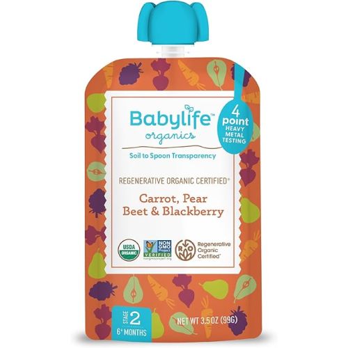 Babylife Organics Stage 2 – Heavy Metal Safe, Organic Baby Food - Carrot, Pear, Beet & Blackberry, 3.5 Ounce Pouch (6 Pack)
