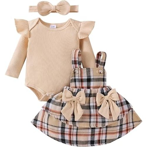 FOCUTEBB Baby Girl Clothes Fall Winter Outfit Long Sleeve Ruffle Romper Plaid Skirt Bow Headband 3 Pcs Set 0-18 Months