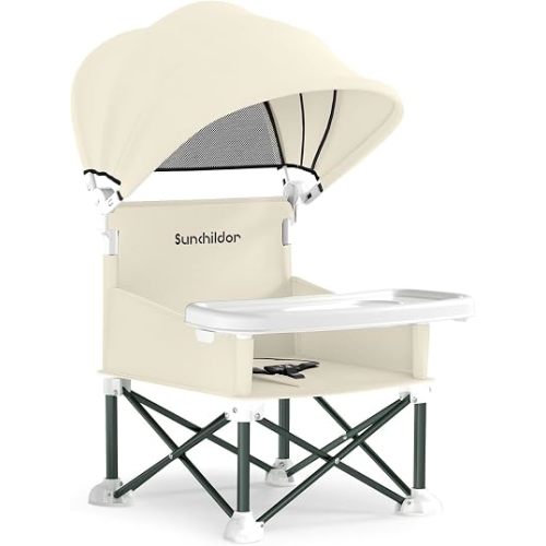 Collapsable Seat W/Tray & Sun Canopy - indoor + outdoor travel chair- beige