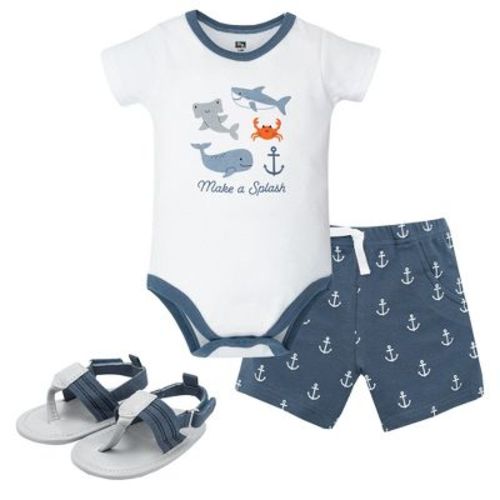Hudson Baby Boy Cotton Bodysuit, Shorts and Shoe Set, Ocean Animals, 12-18 Months