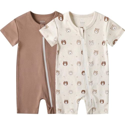 Owlivia Baby Short-Sleeve Summer Romper Set, 2-Pack Tank Romper Jumpsuit for Girls and Boys, Cartoon One-Piece Coverall Outfit(3-6 Months, Brown & Mini Bear)