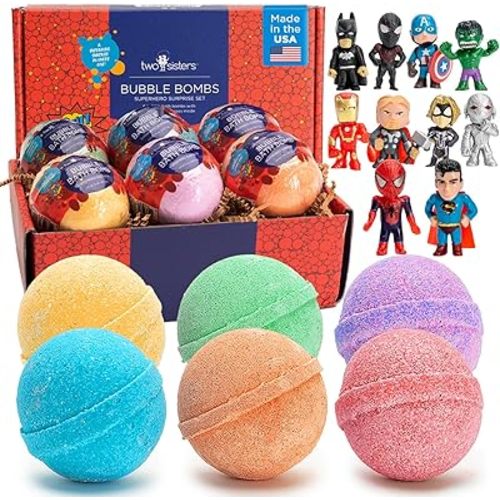 Superhero Bath Bombs for Kids with Surprise Toys Inside (6 Pack) - Large Bubble Bomb Fizzies for Boys, Girls, & Toddlers - Boys Easter Basket Stuffers, Fruity Scents, Made in USA by Two Sisters