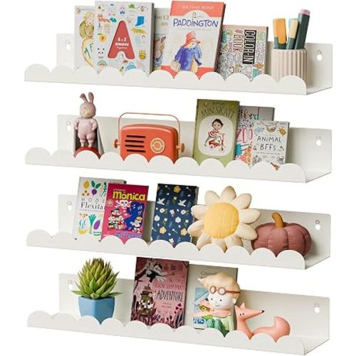 Nursery Book Shelves,Kids Wall Bookshelf Toy Storage,17 Inch Metal Floating Shelves Set of 4,Wall Shelves for Bedroom, Kids Room,Bathroom,Kitchen,Playroom Decor,Nursery Decor (White Metal, 17 inch)