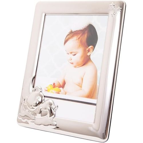 Happy Homewares Modern and Cute Baby 5x7 Picture Frame in Shiny Nickel Plated with Sleeping Teddy Bear and Small Diamante Stars
