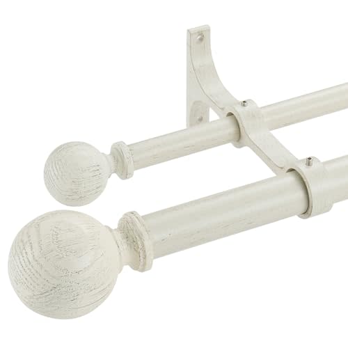 White Wood Grain Window Rods, Double Curtain Rod 36-72” Telescoping Length 1Inch Diameter Front Poles and 5/8Inch Diameter Back Poles