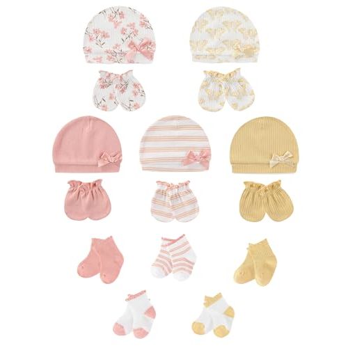 Baby Hats Mittens and Socks Set Soft Cotton Newborn Hat Glove for Boys Girls 0-6 Month