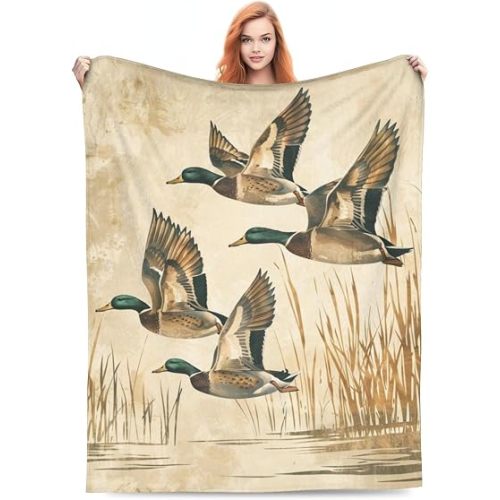 Mallard Duck Blanket for Women, Vintage Flying Ducks Throw Blankets Soft Lightweight Flannel Throws for Bed Sofa Home Decor, Gifts for Girls Kids, 50x60in