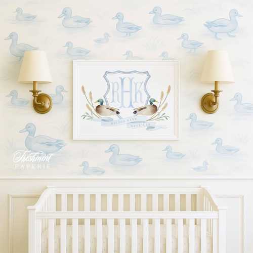 Mallard Duck Monogram Nursery Wall Art Print, Baby Boy, Crest