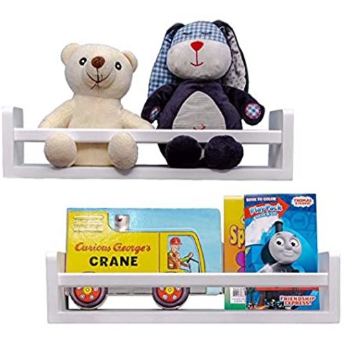 MASHBA Nursery Floating Shelf, Set of 2, White Wall Mounted Bookshelves for Organizing Books, Toy Storage, Knick Knacks, and Cute Home Decor