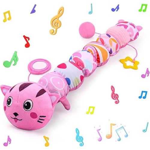 Vpkefla Baby Toys 0-6 6-12 Months, Stuffed Animal Infant Tummy Time Toys Sensory Toys with Crinkle Rattles Textures and Mirror Gifts for Newborn Boys Girls, Baby (Pink)