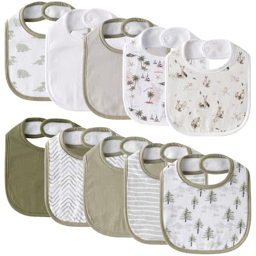 10 Pack Cotton Snap Bibs for Baby Boy Girl, Super Soft Drool Bibs for Teething and Feeding