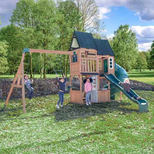 Acadia Manor Wooden Outdoor Swing Set / Playset with Zigzag Fireman's Pole - KidKraft | Maisonette