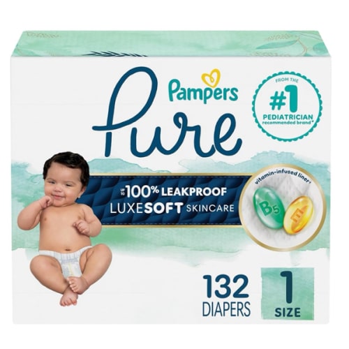 Pampers Pure Protection Baby Diapers, Size 1 (8-14 lbs), 132 Count, Up to 100% Leakproof, Premium Plant-based Skin Protection, Hypoallergenic Soft Diapers