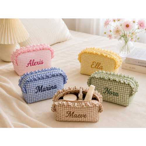 Personalized Embroidered Name Makeup Bag, Gingham Ruffle Trim Cosmetic Pouch, Custom Toiletry Bag, Bridesmaid Gift, Birthday Gift for Her