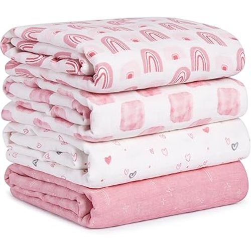 Muslin Swaddle Blankets for Newborn, 4 Pack Cotton Baby Blanket, Large 31.5 x 43.3 Breathable Soft Receiving Blankets Girl, Essentials Swaddle Wrap Burping Clothes, Pink Rainbow