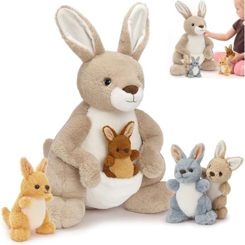 MaoGoLan 5 Pcs Kangaroo Stuffed Animal with Pouch, 20" Kangaroo Plush with 4 Small Babies Wallaby for Girl Boy Kid, Mama Baby Wallaby Stuffed Animal Birthday Easter Gift Baby Shower Party Favor Decor