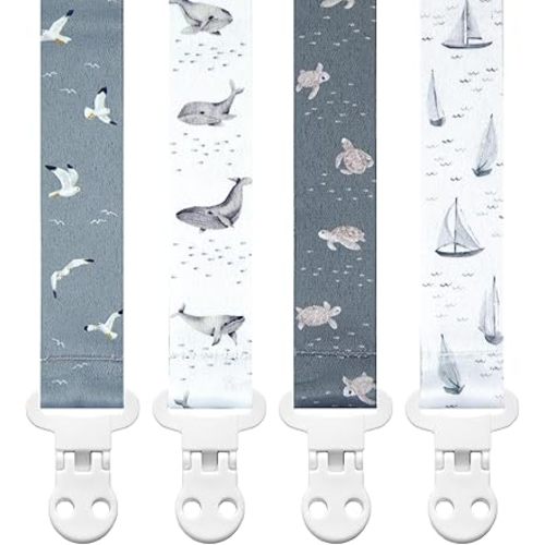 Stadela Baby Pacifier Clip Holder - Girl or Boy Unisex 4 Pack Gift Set – Nautical Blue Whales Boats Turtles (Gone Sailing)