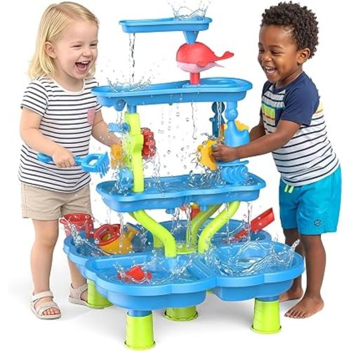 MoKo 4-Tier Water Table with 20 Toy Accessories, Toddler Water and Sand Activity Sensory Playset, Kids Summer Outdoor Toys for Beach Backyard Outdoor, Gift for Toddlers, Blue Dolphin Pink Whale