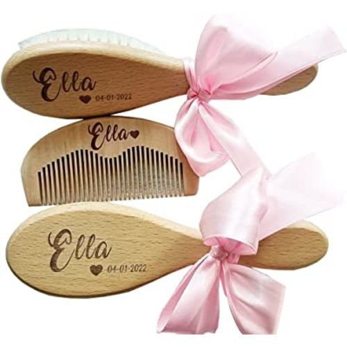 3Pcs Personalized Wooden Baby Hair Brush and Comb Bristles,Custom Newborn Soft Hair Baby Gift