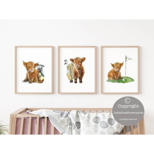 Watercolor Highland Cow Golf Nursery Art Decor, Highland Cow Golfer Prints, Farm Nursery Decor, Cow Nursery Decor, Cow Prints, Nursery Cow