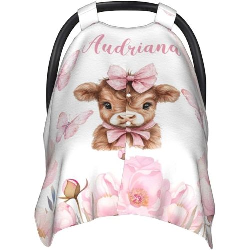 Personalized Baby Car Seat Canopy with Name – Custom Highland Cow Pink Minky Nursing Cover for Girls, Soft Stroller Cover for Infants & Newborns, Carseat Canopy for Breastfeeding