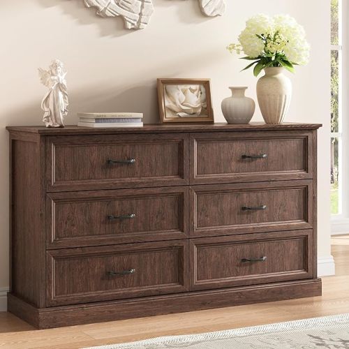 Farmhouse 7 Drawer Dresser for Bedroom, 55 Inch Wide Modern Brown Dresser TV Stand with Large Drawers & Bar Handles, Rustic Wood Chest of Drawers for Bedroom, Living Room, Hallway, Entryway.