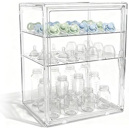 Baby Bottle Organizer, UPGRADED Bottle Storage Organizer Baby for Countertop Cabinet, Removable Baby Organizer with Magnetic Door, Bottle Station Organizer for Nipples, Pump Parts, LARGER & THICKENED