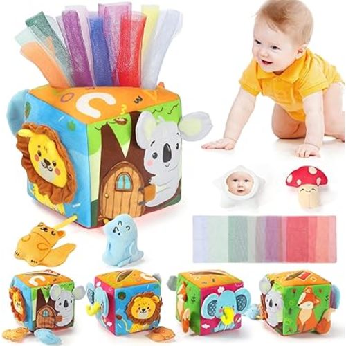Baby Tissue Box Toy - Montessori Toys for 6 Month Old with Crinkle Paper, Squeaky Toy Cat, Rattle, Silk Scarves, Safety Mirror, Baby Toy for 1 Year Old - Boy Girl Gifts for Babies 6 9 12 18 Months Old