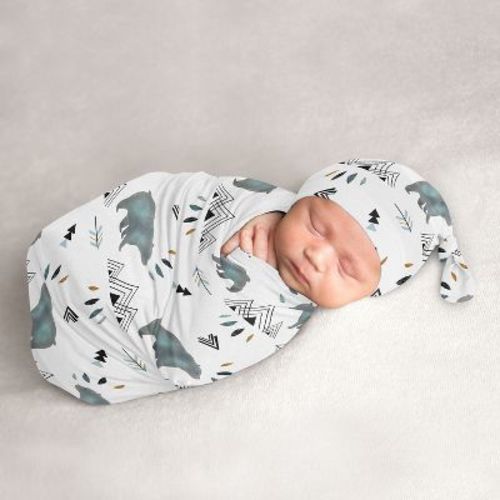 Sweet Jojo Designs Boy Baby Cocoon and Beanie Hat Swaddle Wrap Bear Mountain Blue and Black 2pc