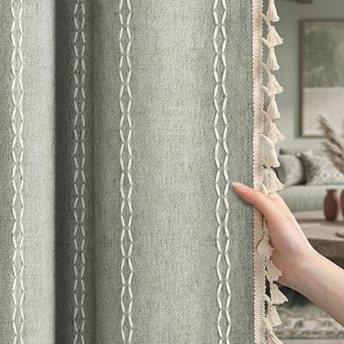 Sage Green Boho Blackout Curtains 84 Inch 2 Panels with Tassels