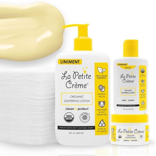 La Petite Creme Premium French Diapering Gift Set: Includes Organic Diapering Lotion (8 oz), Travel-size Liniment Baby Lotion (2 oz), 1 Travel-size Diaper Balm (1 oz), 50 Disposable Cotton Pads