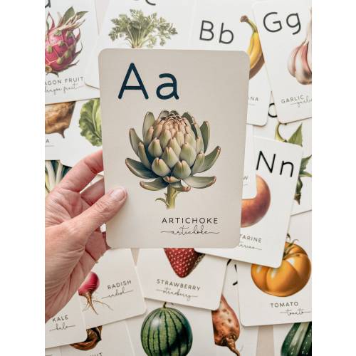 Alphabet ABC Flashcards Fruit Veggies Food 5x7" Cards, Homeschool, Locally Grown Baby Shower Decorations, Farmers Market, Heavy Card Stock