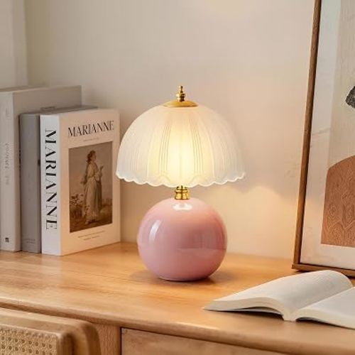 Mushroom Table Lamp, Ceramic Bedside Lamp with Glass Shade, 3-Way Lighting (2700K-5000K) Rocker Switch, Small Nightstand Lamp for Bedroom, Living Room, Office, Pink