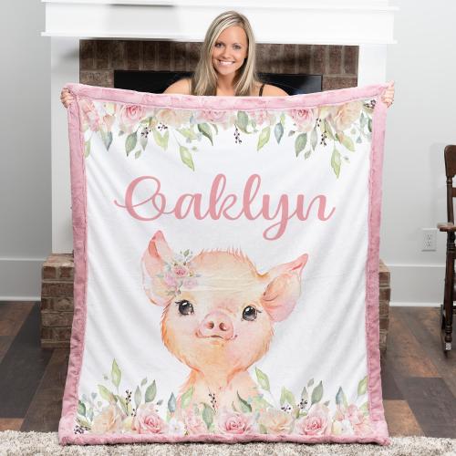 Personalized Baby Pig Blanket Custom Name Floral Farm Nursery Gift
