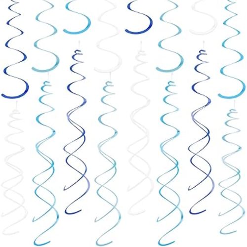 48Pcs Blue Hanging Swirl Decorations, Plastic Single & Double Blue White Streamer Swirls Ceiling Spiral Party Decorations for Birthday Wedding Under The Sea Nautical Graduation Party Supplies