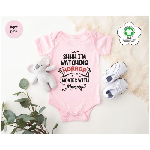Shhh I'm Watching Horror Movies With Mommy Baby Onesie, Horror Movie Enthusiast Kids Shirt, Funny Mom and Child Toddler Apparel