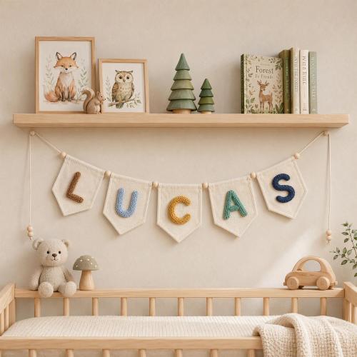 Custom Baby Name Banner, Personalized Yarn Letters on Canvas, Nursery Wall Decor, Kids Room Garland, Neutral Baby Shower Gift