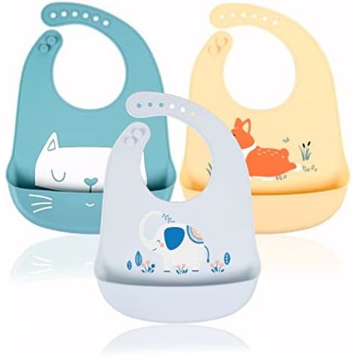 Baby Silicone Feeding Bibs, 3pcs Adjustable Waterproof Bibs for Feeding