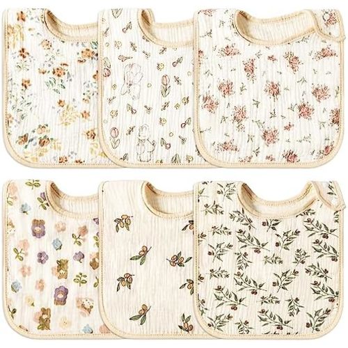 Zainpe 6Pcs Snap Muslin Cotton Baby Bibs Soft & Absorbent Burp Cloths for Newborns Drooling Feeding