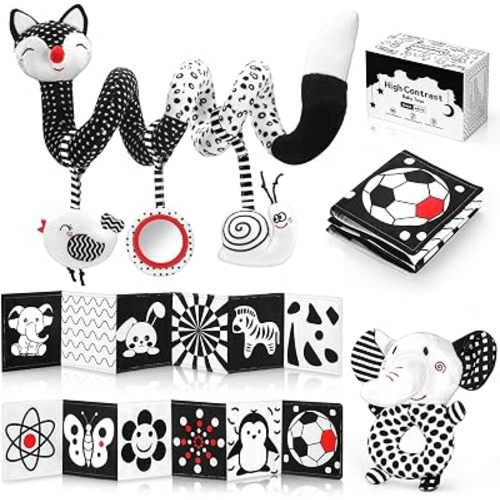 High Contrast Black and White Baby Toys 3-Piece Newborn Essentials Set with Hanging Toys,Rattle Crib Mobile,baby Book & Car Seat Stroller Toys for 0-3-6-12 Months Infant Development