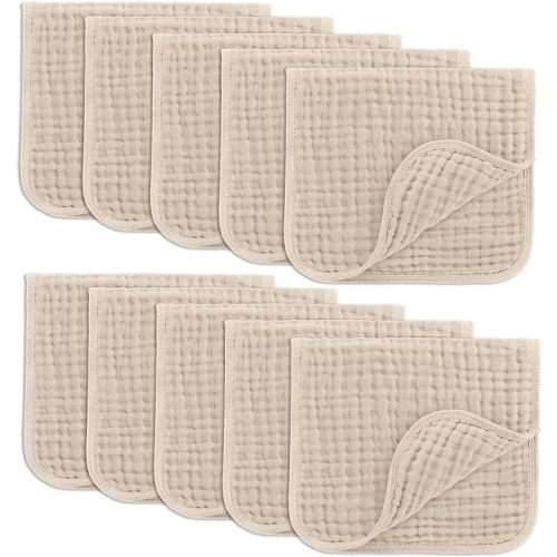 Comfy Cubs Muslin Burp Cloths Baby 50 x 25 cm, Pack of 10 - Large 6-Layer Ultra-Absorbent 100% Cotton for Babies Drool & Messes - Soft & Gentle Burp Cloth Baby Set for Boys & Girls - Sand