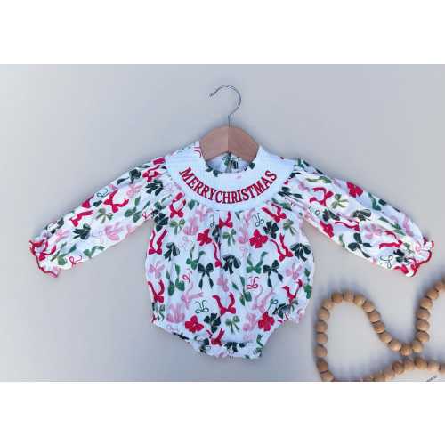 Smocked Christmas Bubble Romper | Red Green Bow Print, First Christmas Outfit