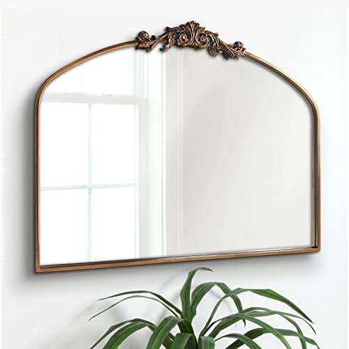 OUSHUAI Gold Arched Mirror,Baroque Brass Fireplace Mirror Decor, Victorian Vintage Mirrors with Full Matel Frame,Ornate Mirrors for Entryway/Bathroom/Living Room/Hallway 36"X30"