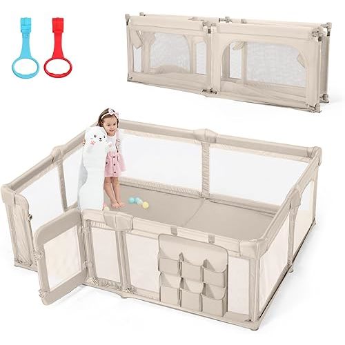 Baby Playpen,79"x59" Foldable Playpen for Babies and Toddlers with Gate,Large Baby Play Pens with Zipper Door,Play Yards Play Area (Light Khaki)