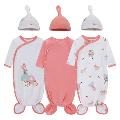 LAT LEE AND TOWN Newborn Baby Knotted Gowns with Hat Set 3 Pack Infant Outfit Sleepers Gown Home Outfits Set (princess, M)