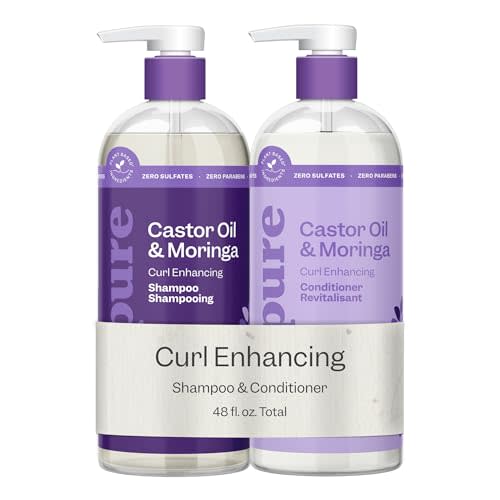 Renpure Castor Oil & Moringa Shampoo & Conditioner Set, 24 Fl Oz, 2 Pack | Plant-Based, Sulfate-Free formula for wavy to curly hair. Moisturizes, detangles, defines curls and helps control frizz.